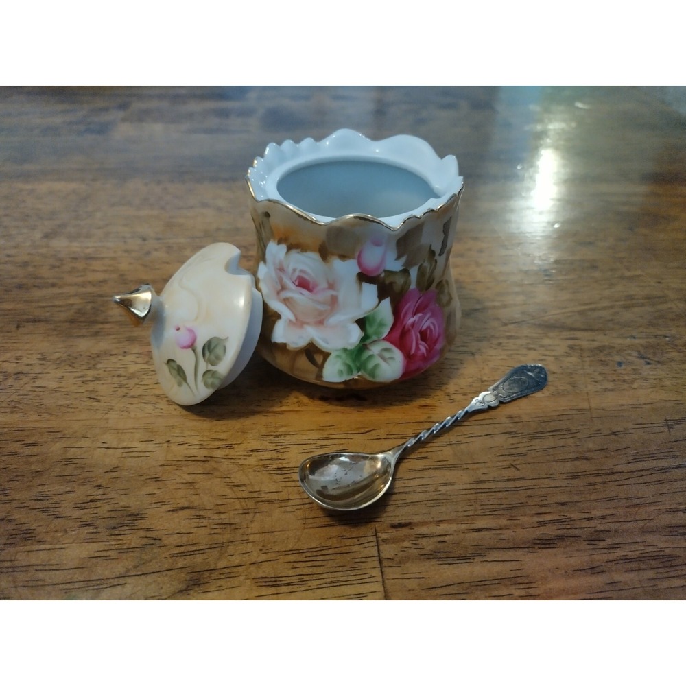 Vintage LEFTON England Porcelain China Covered Sugar Bowl-Floral w/ Silver spoon